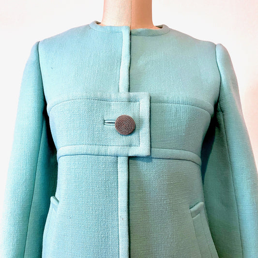 1960s Jack Boykoff Minamilist Jackie O style Blue Wool Pastel Coat Dress Chain Buttons XSm