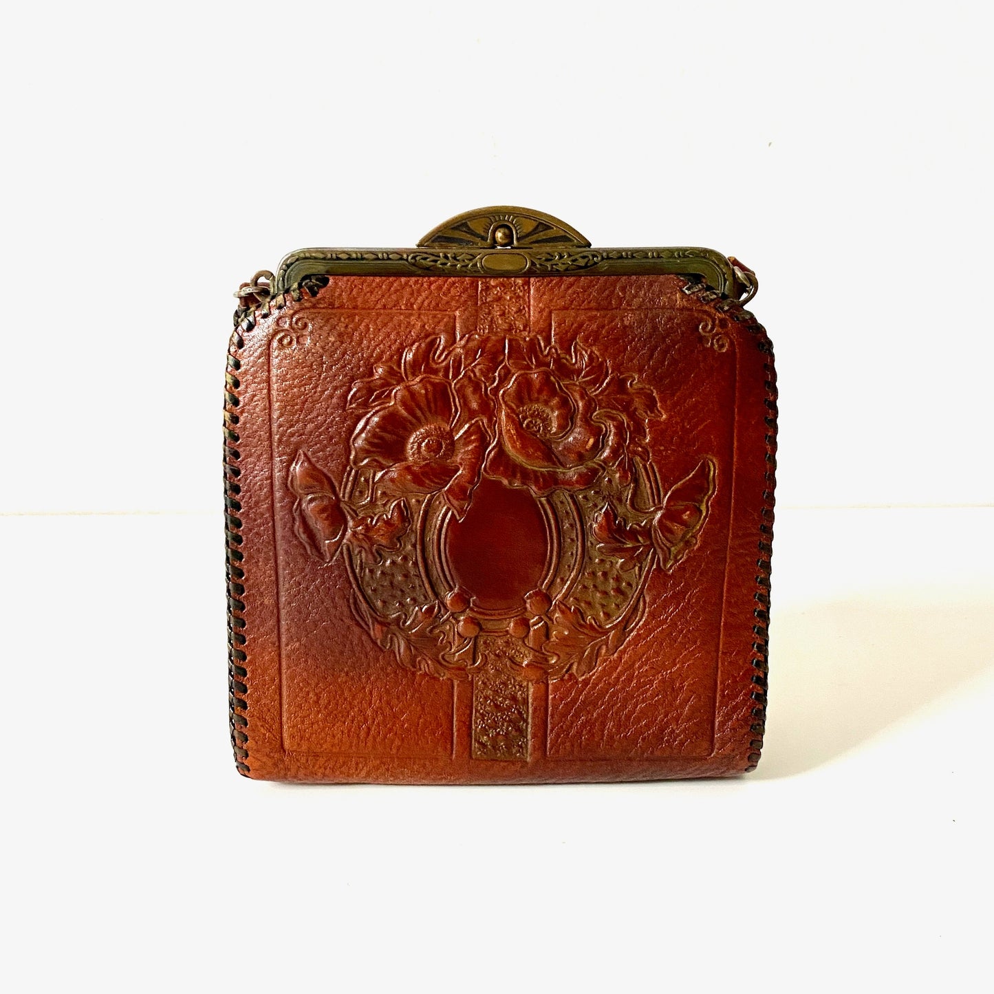 Art Nouveau 1920s Meeker Made Hand tooled leather craftsman handbag Rare with Original Tag Condition