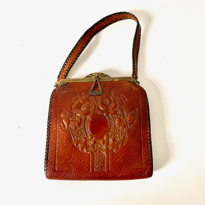 Art Nouveau 1920s Meeker Made Hand tooled leather craftsman handbag Rare with Original Tag Condition