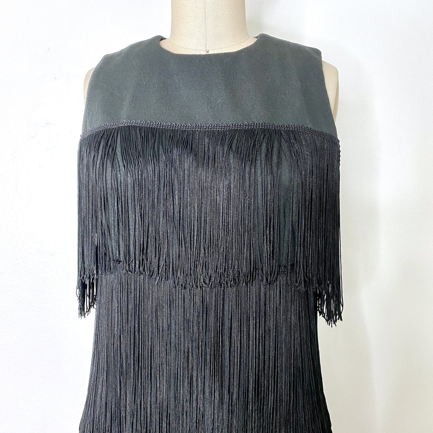 1960s Alfred Werber Black Fully Fringed Crepe Full Length Vintage Dress Gown size 6/8