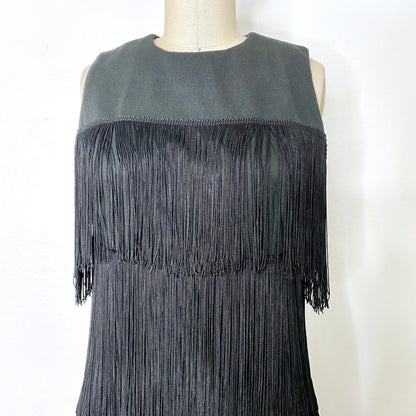 1960s Alfred Werber Black Fully Fringed Crepe Full Length Vintage Dress Gown size 6/8