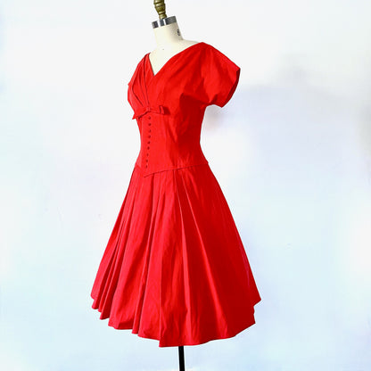 1950s LIPSTICK RED Party Day Dress Full Skirt Fit and Flair Pinup Girl Vintage Lolita dress Mrs Maisel Sz 8/10