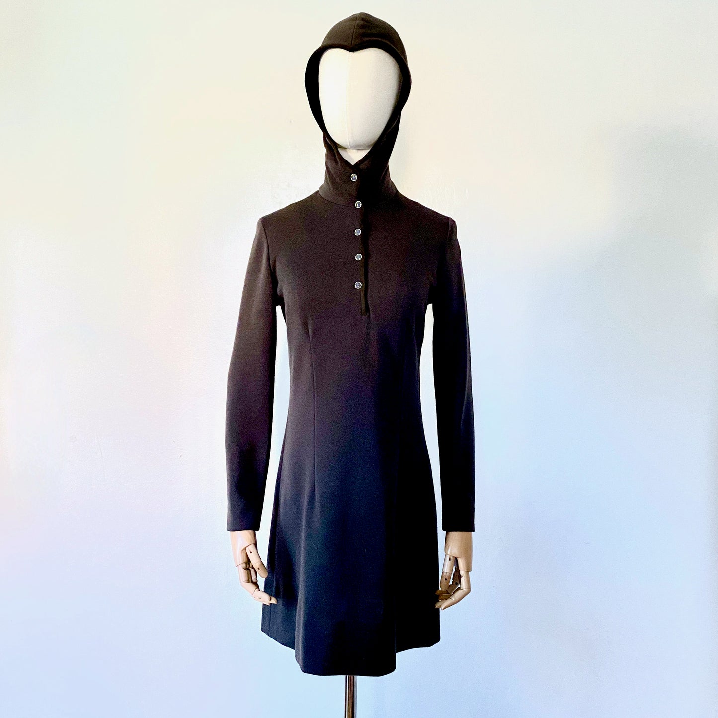 1960s Bonnie Cashin Madonna Hooded Wool Tunic Mini Dress With Belted Leather Poncho Vest 6/8