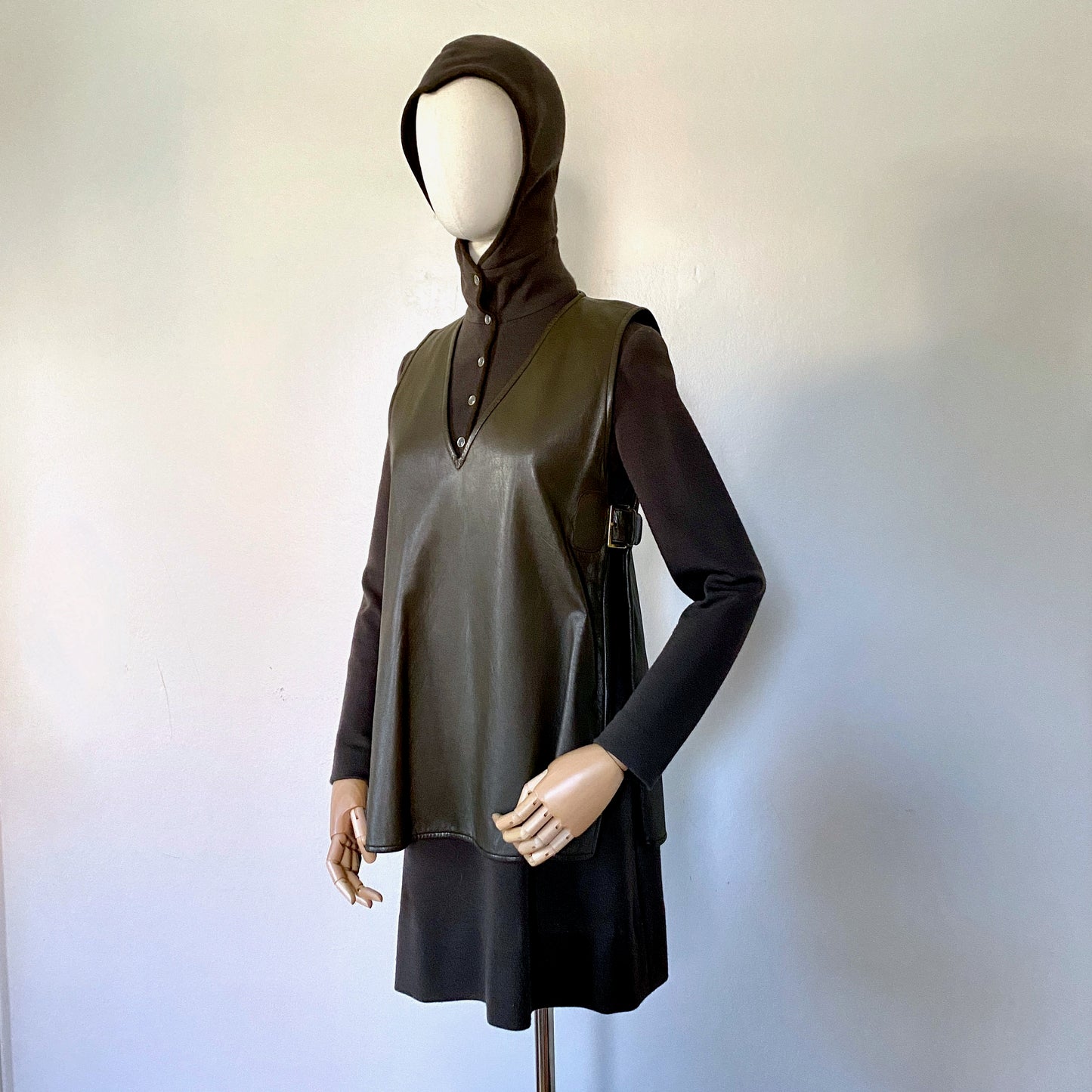 1960s Bonnie Cashin Madonna Hooded Wool Tunic Mini Dress With Belted Leather Poncho Vest 6/8