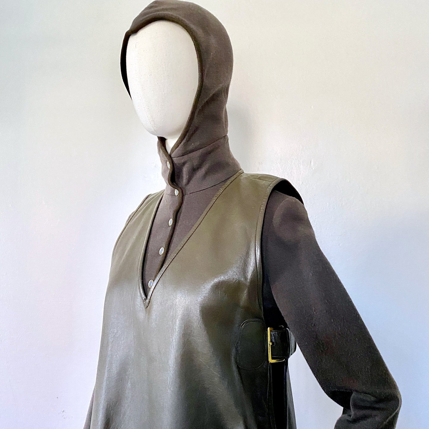 1960s Bonnie Cashin Madonna Hooded Wool Tunic Mini Dress With Belted Leather Poncho Vest 6/8