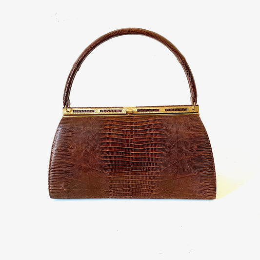 1950s Pin-up LIZARD Purse Vintage Brown Purse Box Bag Belstone Hard Case Frame Bag