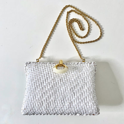 1960s WALBORG White Wicker Clutch Cross Body Shoulder Bag Wedding Purse Club Hard Case Bag Made in Hong Kong