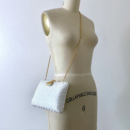 1960s WALBORG White Wicker Clutch Cross Body Shoulder Bag Wedding Purse Club Hard Case Bag Made in Hong Kong