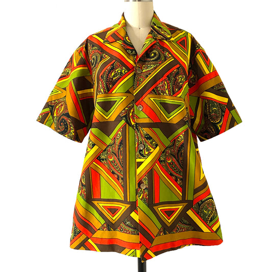1960s Stan Hicks Vintage Hawaiian Casuals Shirt Mid Bright Mod Print Aloha Shirt Lg Size 46" chest