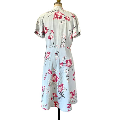 1940s Floral Cold Rayon Day Dress Dancing Tulips Med /8