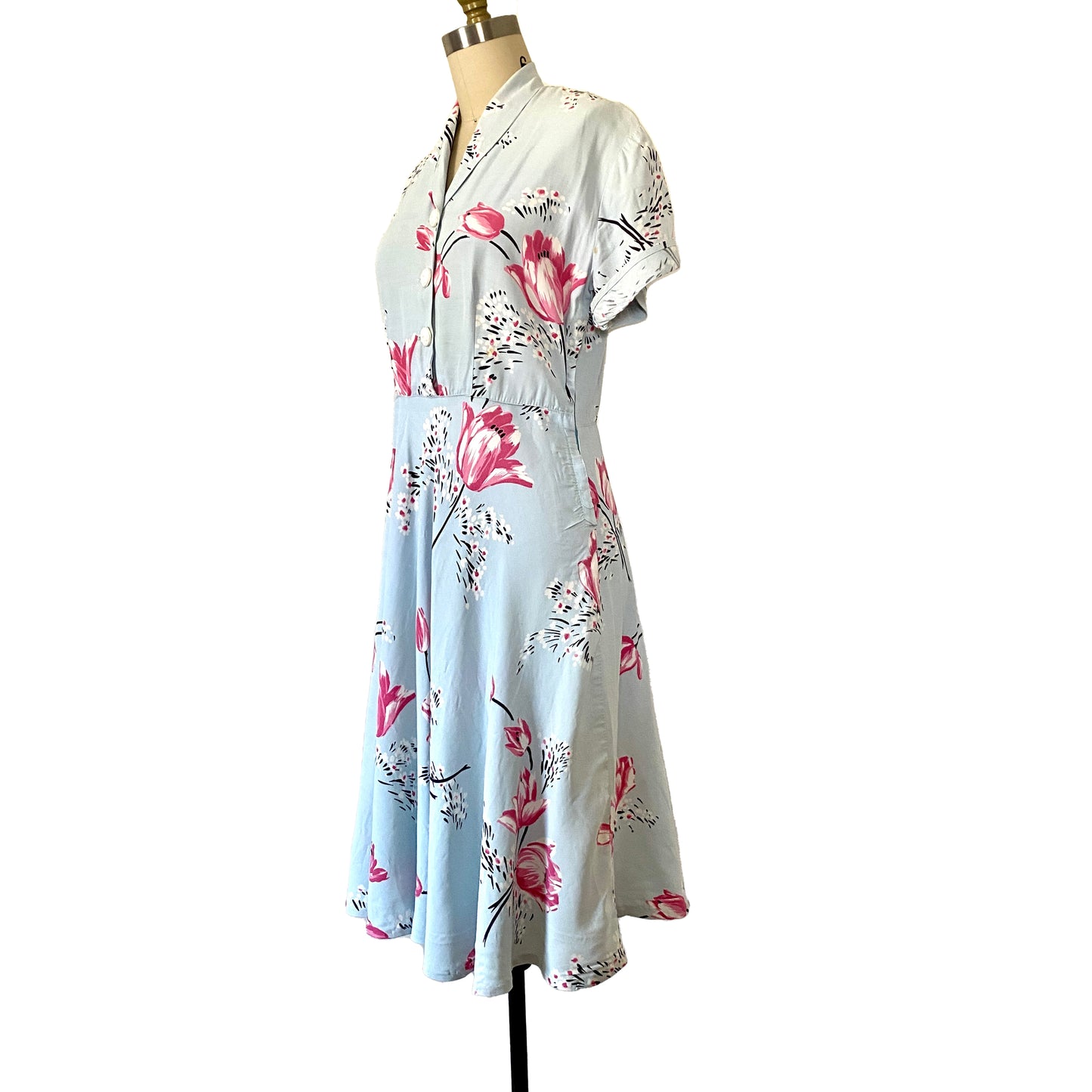 1940s Floral Cold Rayon Day Dress Dancing Tulips Med /8